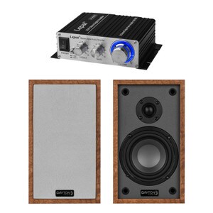 4" 2-Way Hi-Fi Bookshelf Speaker Pair and Mini Amplifier Bundle, Wood